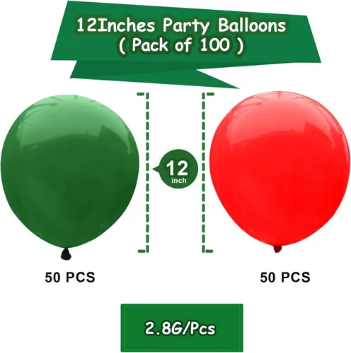 Vista 2 de 100 globos rojos de 12 pulgadas y globos verde oscuro para decoraciones de fiesta de cumpleaños y Navidad