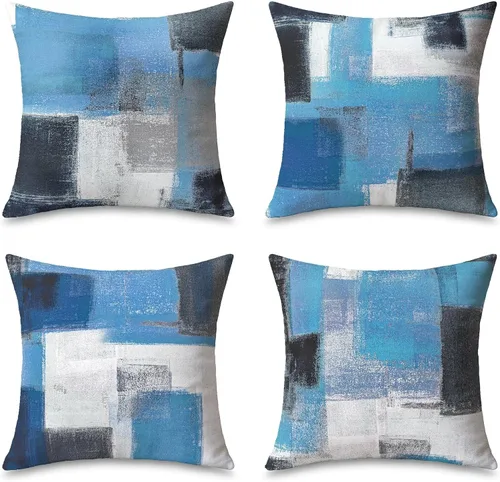 Juego de 4 fundas de almohada abstractas de color azul y gris de 18 x 18 pulgadas, arte moderno de galería, fundas de almohada decorativas azul