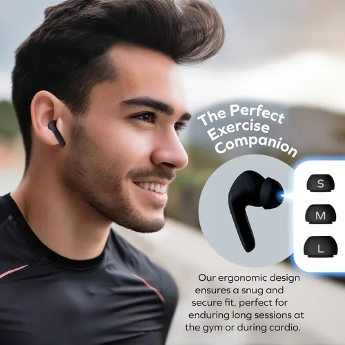Vista 2 de Coby Auriculares inalámbricos con cancelación activa de ruido, auriculares intrauditivos Bluetooth con modo de transparencia, auriculares deportivos