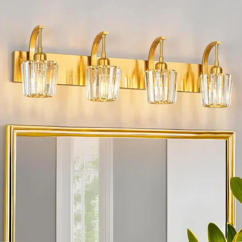 Vista 9 de Lámpara de tocador de cristal de 4 luces, aplique de pared de baño cromado moderno con pantallas de cristal K9, 32.67" de largo, iluminación sobre