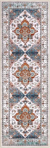 Vista 8 de Bsmathom Alfombra de pasillo para pasillos, antideslizante, lavable, estilo bohemio, 2 x 6 pies, alfombra de pelo bajo, alfombra vintage para Azul