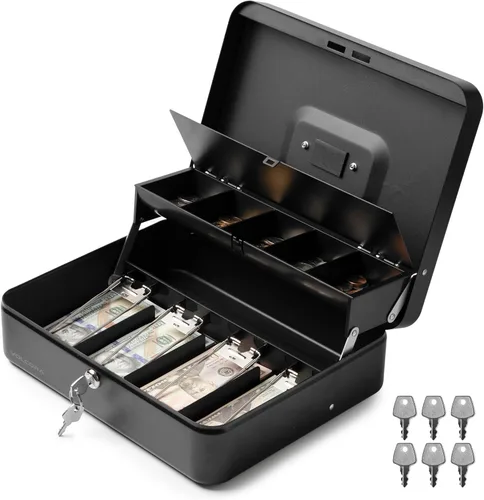 Volcora Caja Grande de Dinero con Cerradura de Llave, Caja de Dinero de Metal para Efectivo, Caja de Seguridad con Cerradura Portátil y Bandeja de