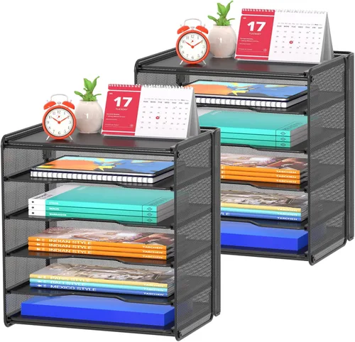 Samstar Paquete de 2 bandejas de papel para cartas, organizador de archivos de escritorio de malla con estante de 5 niveles y clasificador, color