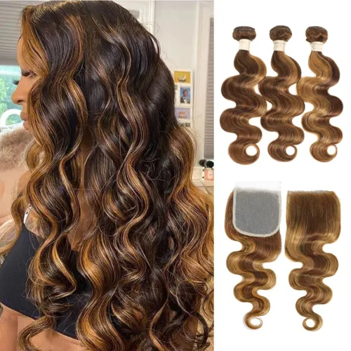Vista 37 de ALHER Cierre de Encaje 4x4 Body Wave Rubio Miel con Mechas Marrones Ombré 4/27 Coloreado Cierre 4x4 Ondulado Raya Libre Melt 10 Pulgadas 12A