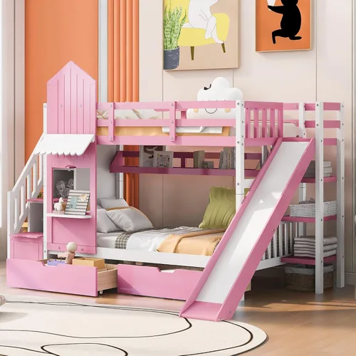 Vista 14 de Cama de Casa Tamaño Twin con Elegantes Ventanas y Estantería, Marco de Litera con Diseño de Castillo de Madera con Barandillas de Seguridad