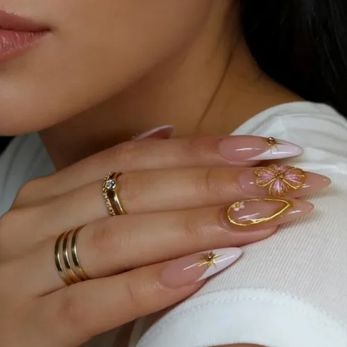 Vista 3 de Uñas postizas a presión con flores, uñas postizas medianas en forma de almendra, uñas postizas con punta francesa, uñas falsas florales brillantes