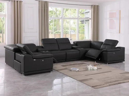 Vista 625 de BlackJack Furniture Venice - Sofá modular de cuero italiano de grano superior de 5 piezas con 3 reclinables eléctricos, reposacabezas ajustable