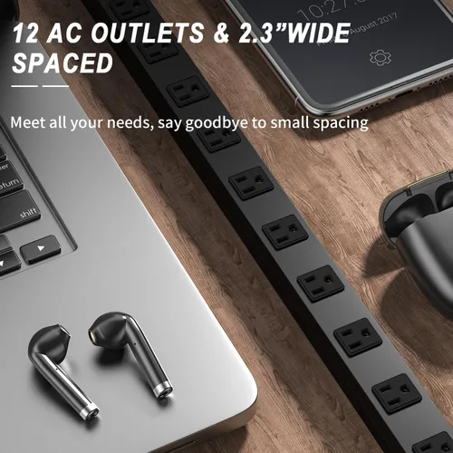 Vista 4 de Regleta de alimentación de metal con protector de sobretensiones de 12 salidas, toma de corriente montable 1800J, regleta de alimentación de metal