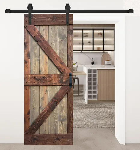 Vista 8 de Serie K - Puerta corrediza de granero de madera maciza con acabado marrón/nogal de 38 x 84 pulgadas con kit de herrajes (requiere montaje)
