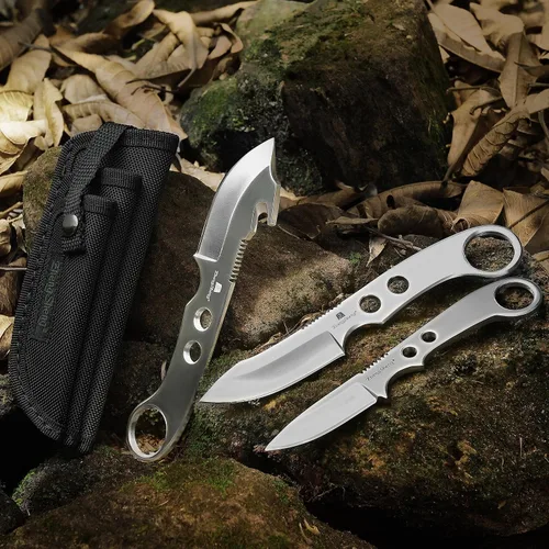 Vista 3 de ZhengSheng Juego de cuchillos de caza de 3 piezas, cuchillos de supervivencia, cuchillo Bowie y cuchillo de gancho para intestino con funda