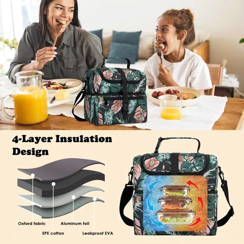 Vista 6 de PBRO Lonchera térmica de doble cubierta para mujer, lonchera grande reutilizable con cinturón de hombro ajustable, bolsillos laterales, lindas hojas