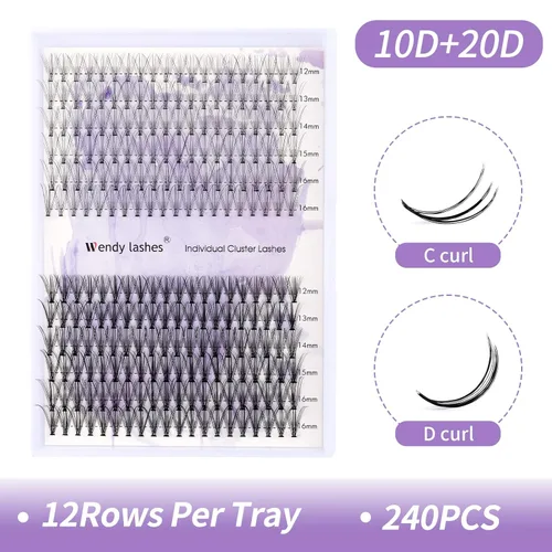 Vista 2 de Extensiones de pestañas individuales en racimo 10D/20D, racimos naturales mixtos C/D rizado 0.07mm negro mate suave 12-16mm de visón, para colocar