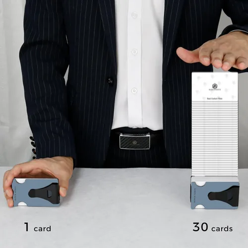 Vista 5 de MONOCARBON Cartera delgada minimalista con bolsillo frontal con bloqueo RFID, clip de dinero para tarjetas de crédito, acero manganeso, Azul