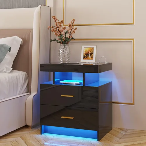 Vista 39 de HNEBC Mesita de noche LED con estación de carga (puertos USB, puertos tipo C), mesa de noche de alto brillo con 2 cajones, mesita de noche