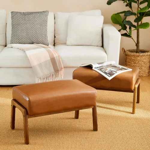 Vista 11 de Glitzhome Juego de 2 bancos otomanos rectangulares, moderno reposapiés de cuero sintético café con patas de madera de caucho de nogal para sala