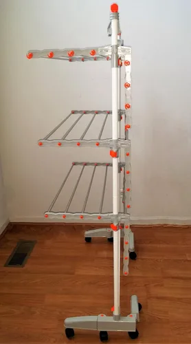 Vista 7 de IDEE BDP-V23 Tendedero plegable enrollable de 3 niveles para ropa con varillas colgantes de acero inoxidable, estantes y base plegables para fácil