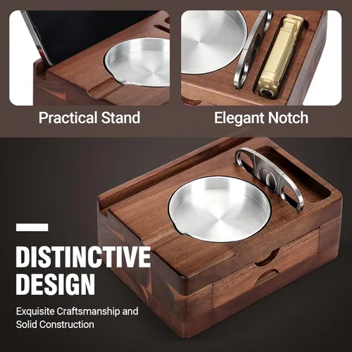 Vista 3 de Tesonway Cenicero de Cigarros, Cenicero de Cigarros de Madera con Cortador de Cigarros, Soporte para Teléfono y Tableta, Soporte para Cigarros
