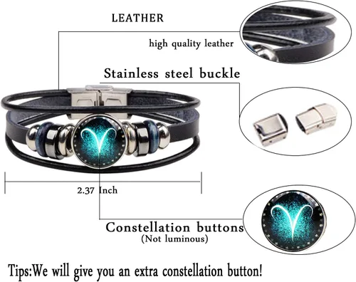 Vista 4 de zodiac - Pulsera de acero inoxidable para hombre y mujer, estilo vintage, punk, de cuero negro
