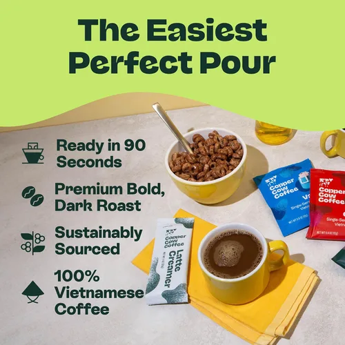 Vista 5 de Copper Cow Coffee Vierta sobre bolsas de café vietnamita + cremas de leche condensada endulzada (8 cafés y 8 cremas de leche) Lattes de vainilla