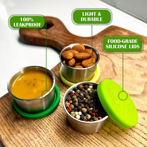 Vista 5 de Recipiente para aderezo de ensalada a prueba de fugas, 3 x 1.7 onzas, pequeños recipientes de condimentos de acero inoxidable con tapas, recipientes