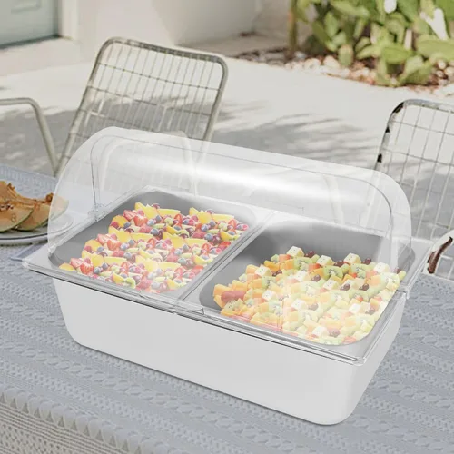 Vista 2 de Recipiente de acero inoxidable para servir alimentos para encimera, contenedor de servir alimentos con tapa, servidor de condimentos con cucharas