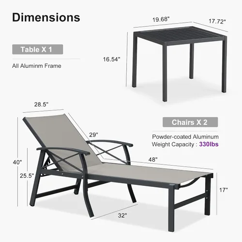Vista 2 de PURPLE LEAF Oversized Chaise Lounge Chair Outdoor Set of 2 Extra Wide Pool Lounge Chairs 5 Adjustable Position with Armrests and Side Table Aluminum