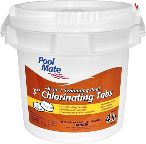 Pool Mate Piscina todo en 1 de 4 libras con pestañas de cloro de 3 pulgadas, tabletas de cloro de 3 pulgadas, desinfectante, clarificador, inhibidor