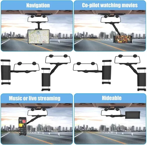Vista 2 de Soporte para teléfono para espejo retrovisor de automóvil, soporte para tableta para iPad y teléfono celular de 4 a 13 pulgadas, soporte retráctil