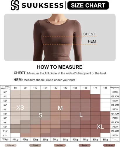Vista 6 de SUUKSESS Camisetas básicas ajustadas de doble forro para mujer, cuello redondo, manga larga