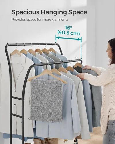 Vista 11 de SONGMICS Perchero de ropa con estantes, perchero resistente, perchero de doble barra con 6 ganchos, almacenamiento de ropa y exhibición, para sala