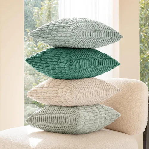 Vista 4 de Softalker Juego de 4 fundas de almohada de pana suave a rayas bohemias de 16 x 16 pulgadas, fundas decorativas modernas para sofá, dormitorio, sala