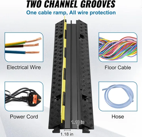 Vista 3 de VEVOR Rampa protectora de cable de goma, 5 unidades, 2 canales, capacidad de 12000 libras/eje, cubierta de alambre de manguera resistente, rampa