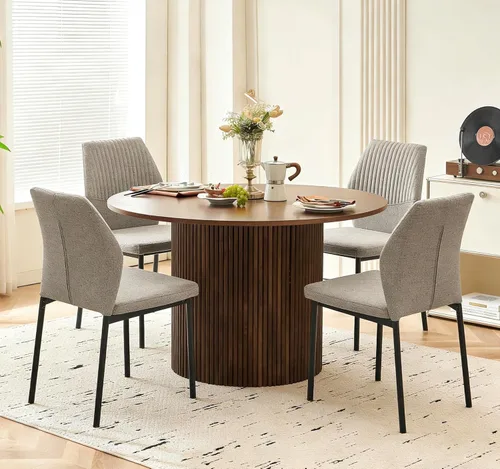 Vista 40 de Juego de mesa de comedor para 4, mesa de cocina redonda de madera de 47 pulgadas con sillas de piel sintética para cocina y espacios pequeños