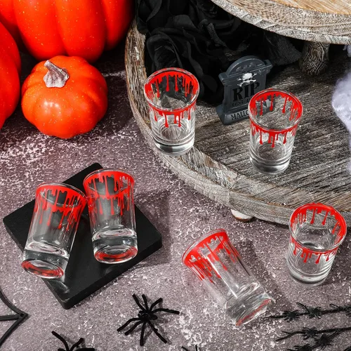 Vista 3 de Whaline Paquete de 6 vasos de chupito de Halloween salpicados de sangre de 1.7 onzas, vasos de chupito de vidrio sangriento de terror para fiesta