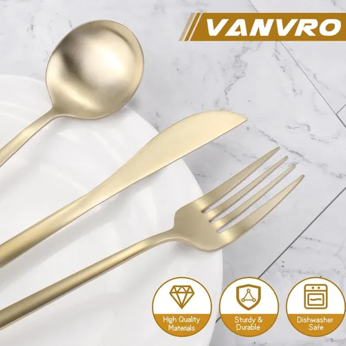 Vista 4 de VANVRO Juego de cubiertos color dorado champán, juego de cubiertos de acero inoxidable de 60 piezas, juego de cubiertos mate para 12, cubiertos
