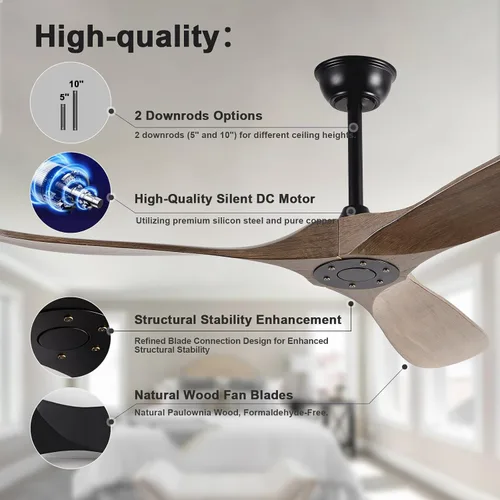 Vista 3 de Ventiladores de techo de 52 pulgadas sin luces, ventilador de techo de madera maciza sin luz con control remoto motor CC para interiores