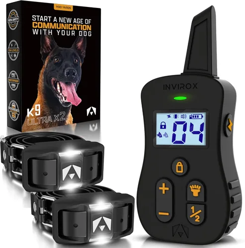 Vista 12 de INVIROX Collar de choque para perros [Ultra K9] 124 niveles de entrenamiento, 4 modos potentes con luz nocturna y rango de ¾ de milla, collar