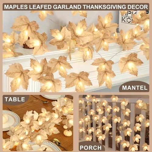 Vista 5 de Paquete de 3 decoraciones de otoño – Guirnalda de otoño con luces, decoración de otoño para el hogar, total de 20 pies 60 LED gruesos iluminados
