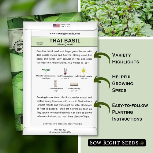 Vista 2 de Sow Right Seeds - Semilla de albahaca tailandesa de hoja grande dulce para plantar - Paquete de reliquia sin OMG con instrucciones para plantar un