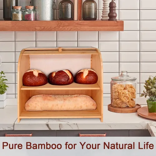 Vista 6 de Purbambo Panera de bambú para encimera de cocina, rollo de doble capa superior para pan, contenedor de almacenamiento de alimentos con estante