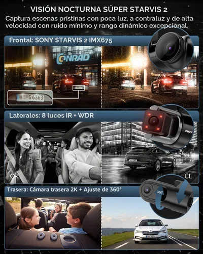 Vista 3 de IIWEY Cámara de tablero de 4 canales de visión de 360°, STARVIS 2 frontal 2.7K trasero 2K interior 1080P x2, 8IR LED visión nocturna 3.0, PlateTag