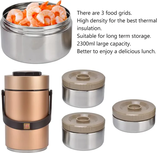 Vista 3 de 2.3L Vacuum Insulated Food Container with 3 Stackable Compartments 304 Stainless Steel Leak Proof Adults Thermal Food Jar for Work Travel Picnic Gold