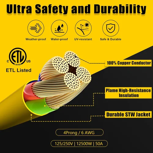 Vista 6 de Cable de extensión de 50 amperios para RV/EV, 4 clavijas NEMA 14-50P a 14-50R 50F/50M cable para caravanas remolques, Tesla modelo 3-S-X-Y, STW