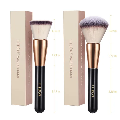 Vista 6 de FITDON Brocha para base y polvo, 2 brochas profesionales de maquillaje Kabuki con parte superior plana para líquido, crema y polvo