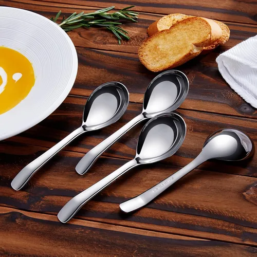 Vista 6 de KEAWELL Cucharas de sopa premium de 7.3 pulgadas con mango de gancho, juego de 4, acero inoxidable 18/10, cuenco profundo, perfectas para ramen