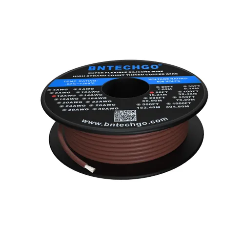 BNTECHGO Carrete de alambre de silicona calibre 12, 50 pies, color marrón, flexible, 12 AWG, alambre de cobre estañado trenzado