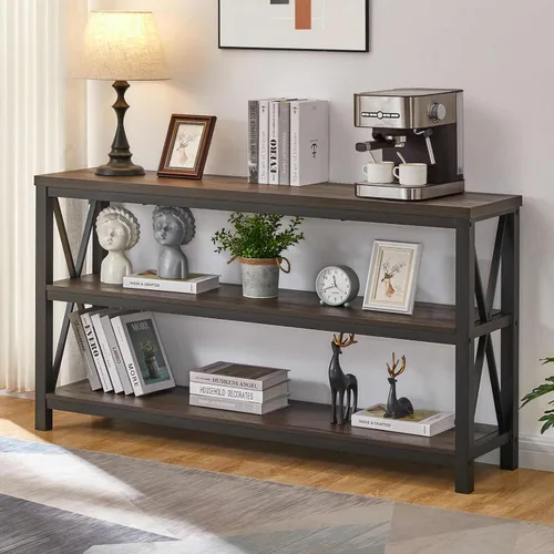 Vista 13 de FATORRI Mesa consola para entrada, mesa de sofá larga con estantes debajo de la ventana, mesas de pasillo de madera y metal para vestíbulo