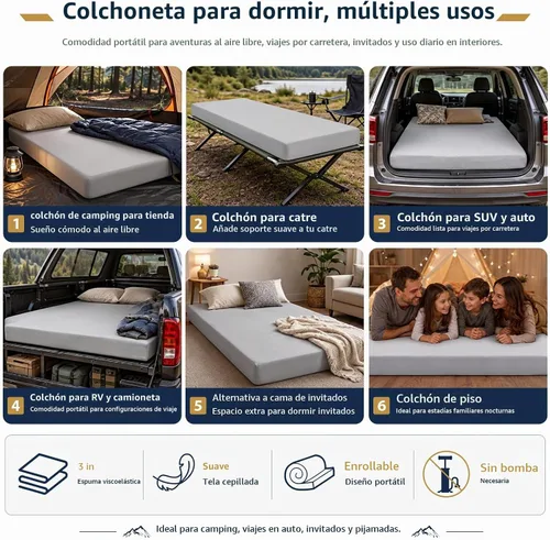 Vista 7 de CYMULA Almohadilla de Colchón de Espuma Viscoelástica para Acampar, Almohadilla para Dormir de 3 Pulgadas para Acampar, Base Antideslizante Inferior
