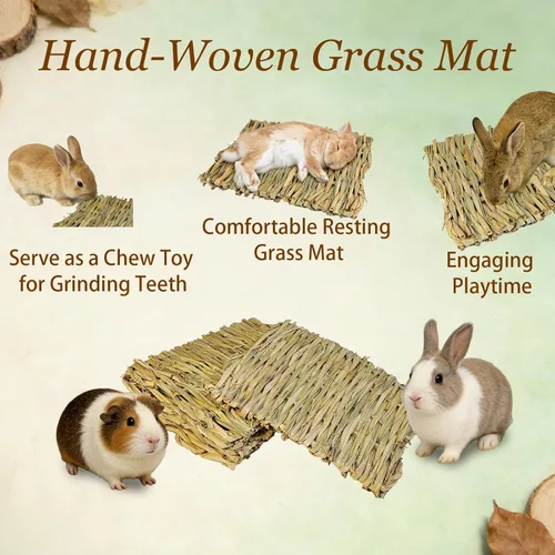 Vista 2 de kathson 5 PCS Bunny Grass Mat,Rabbit Natural Straw Woven Bed,Small Animal Hay Nest Sleeping Mat &Chew Toys for Hamster Bunny Chinchilla Guinea Pig