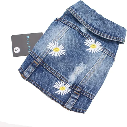 Pet Clothes - Chaqueta de mezclilla vintage para perro con bordado de margaritas, abrigo elegante para cachorros para chihuahua, Yorkie razas